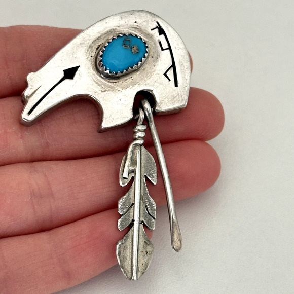 Vintage Samson Kee Native American 925 Sterling Silver Turquoise Bear Brooch Pin - Picture 11 of 11